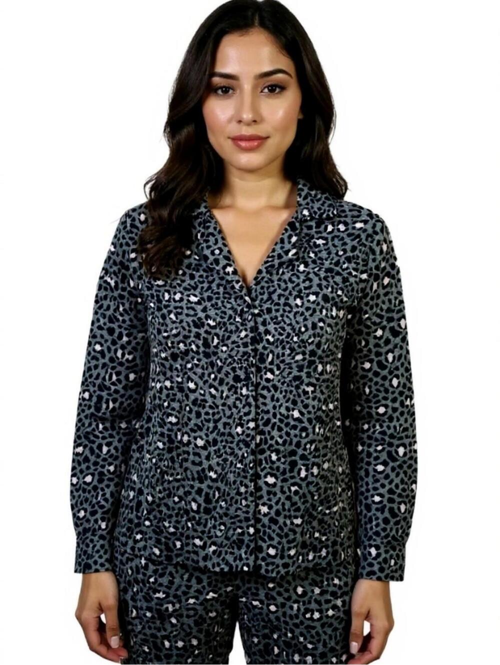 Intimates Pajama Top Long Sleeve Animal Print BarbieCore Leopard Gray Pink S